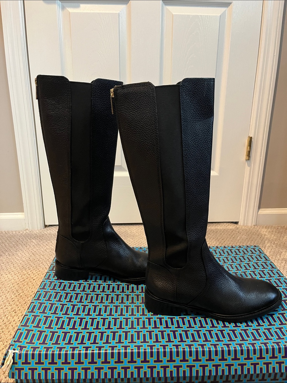 Tory Burch Black Pebbled Leather Tall Boots - Picture 4 of 10